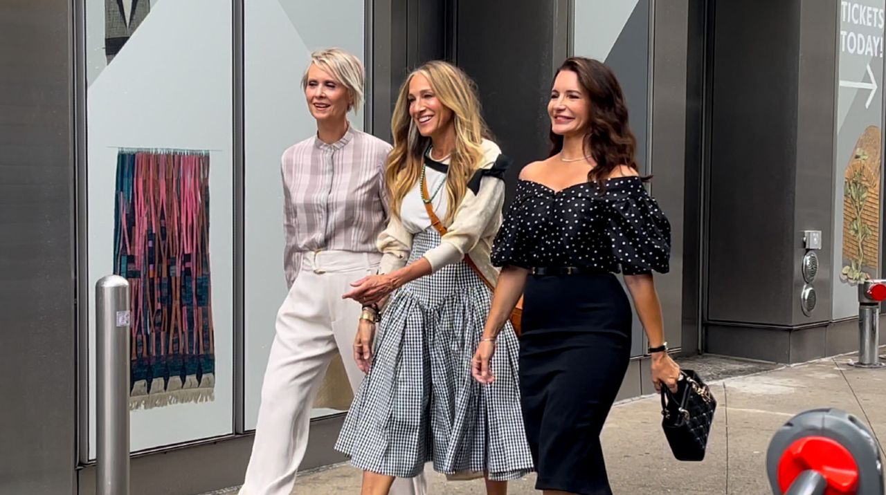 Cynthia Nixon, Sarah Jessica Parker and Kristin Davis are seen on the set of &quot;And Just Like that&quot; on July 09, 2021 in New York City.