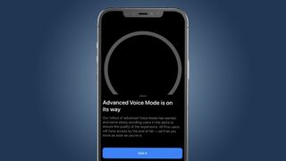 An iPhone on a blue background showing a ChatGPT message about its new Advanced Voice Mode