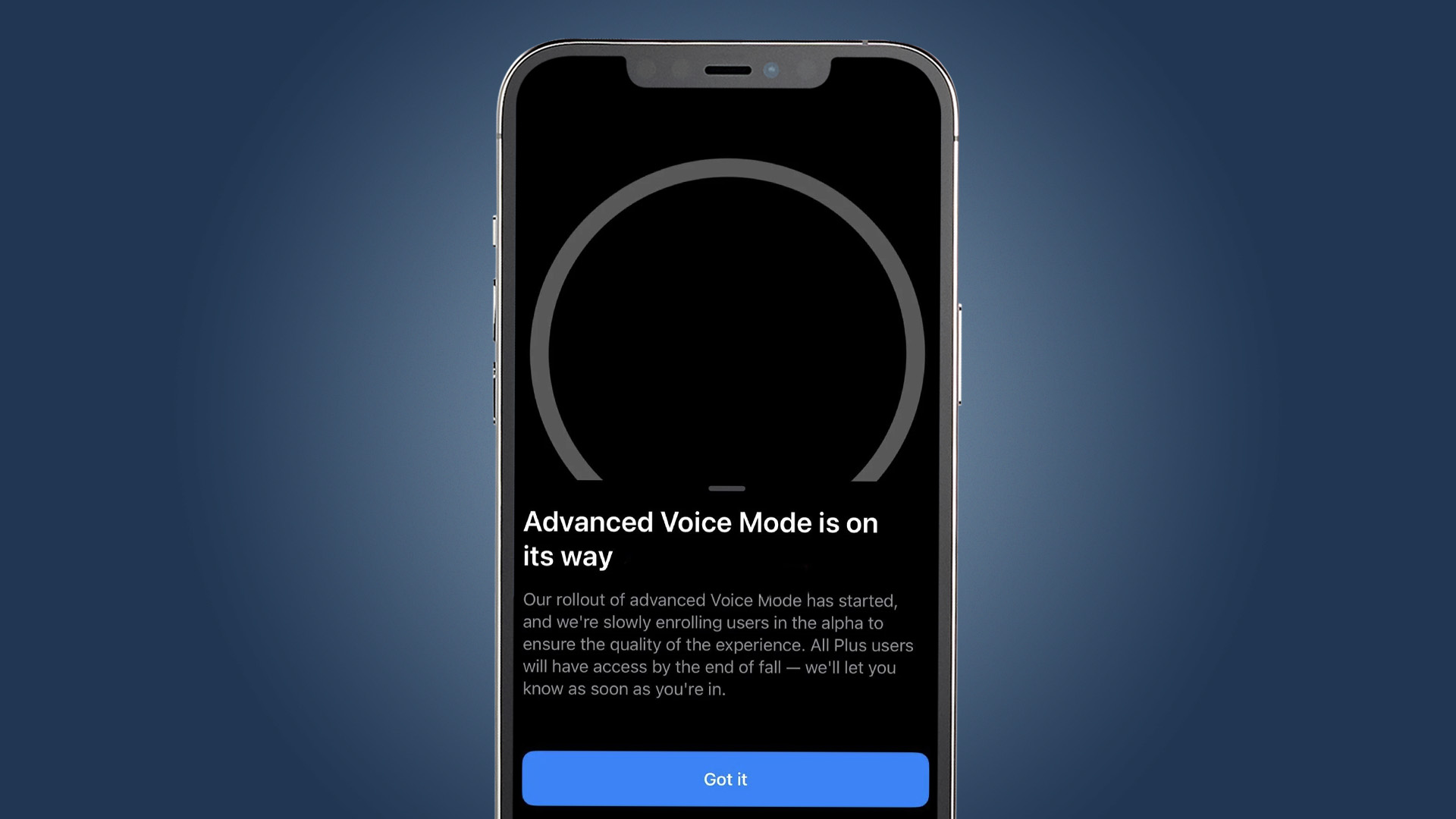 An iPhone on a blue background showing a ChatGPT message about its new Advanced Voice Mode