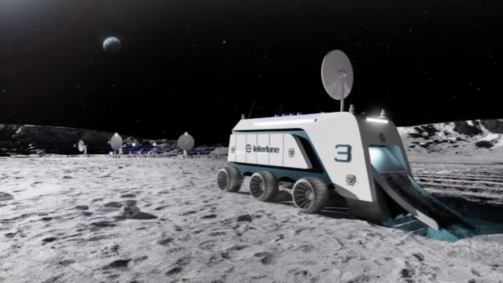 A white transporter with six wheels rolls across the surface of the moon