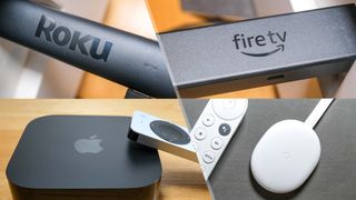 (Clockwise from top left) A Roku Streaming Stick, a Fire TV Stick, the Chromecast with Google TV and the Apple TV 4K.