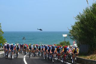 FRANCAVILLA AL MARE ITALY MAY 15 LR Mauri Vansevenant of Belgium Pieter Serry of Belgium and Team Soudal QuickStep Andrea Bagioli of Italy Amanuel Ghebreigzabhier of Eritrea and Team Lidl Trek Luke Plapp of Australia and Team Jayco AlUla and Domen Novak of Slovenia and UAE Team Emirates lead the peloton during the 107th Giro dItalia 2024 Stage 11 a 207km stage from Foiano di val Fortore to Francavilla al mare UCIWT on May 15 2024 in Francavilla al mare Italy Photo by Dario BelingheriGetty Images