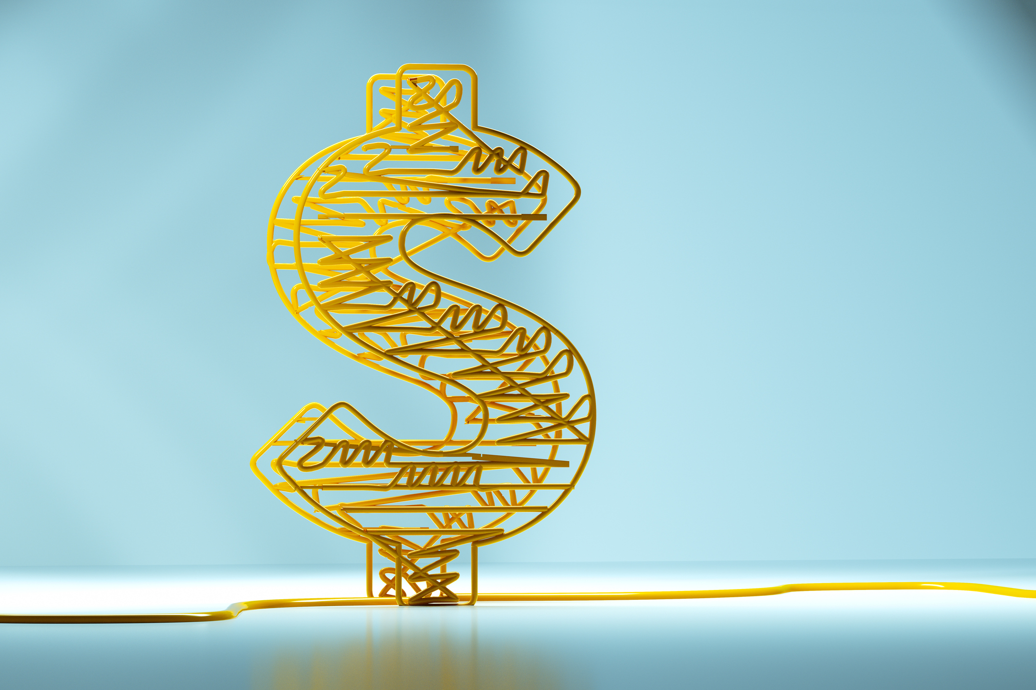 Digital generated image of yellow cable forming Dollar sign on light blue background with natural daylight.