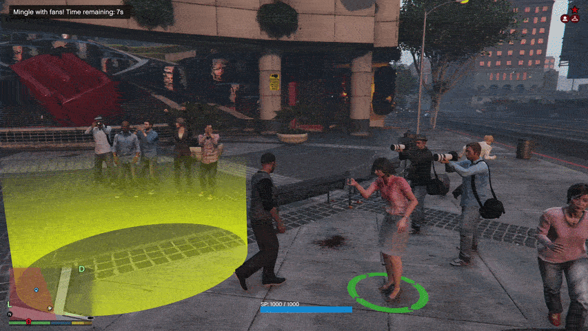 Franklin's interaction with fans interrupted by a truck ploughing in from off-screen.