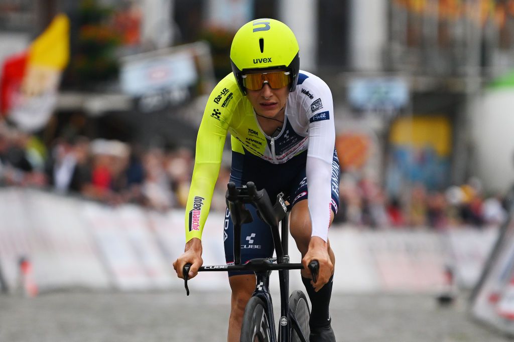 BINCHE BELGIUM JUNE 20 Rune Herregodts of Belgium and Team Intermarche Wanty crosses the finish line during the 105th National Championships Belgium 2024 Mens Individual Time Trial a 385 km on June 20 2024 in Binche Belgium Photo by Luc ClaessenGetty Images
