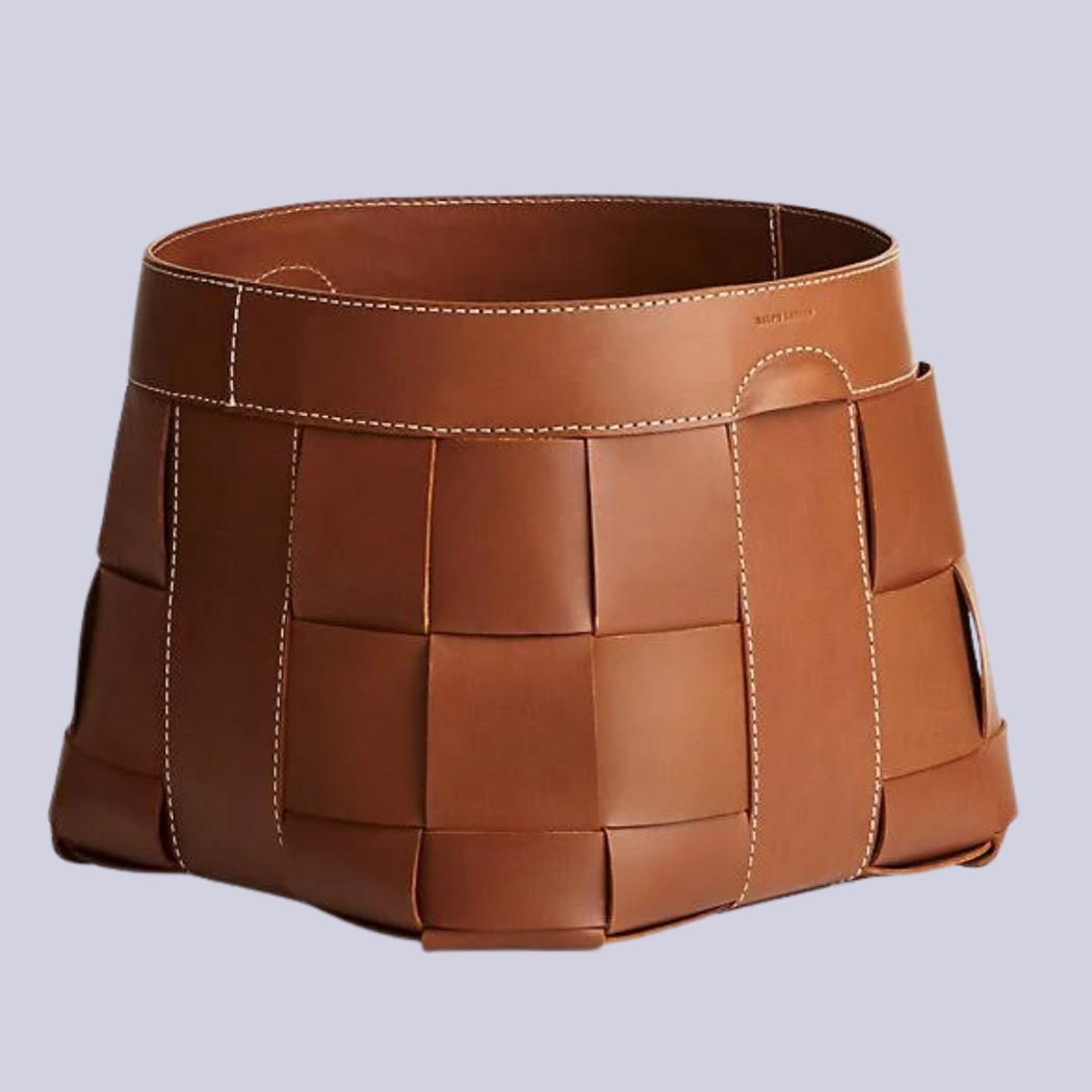 a woven leather basket