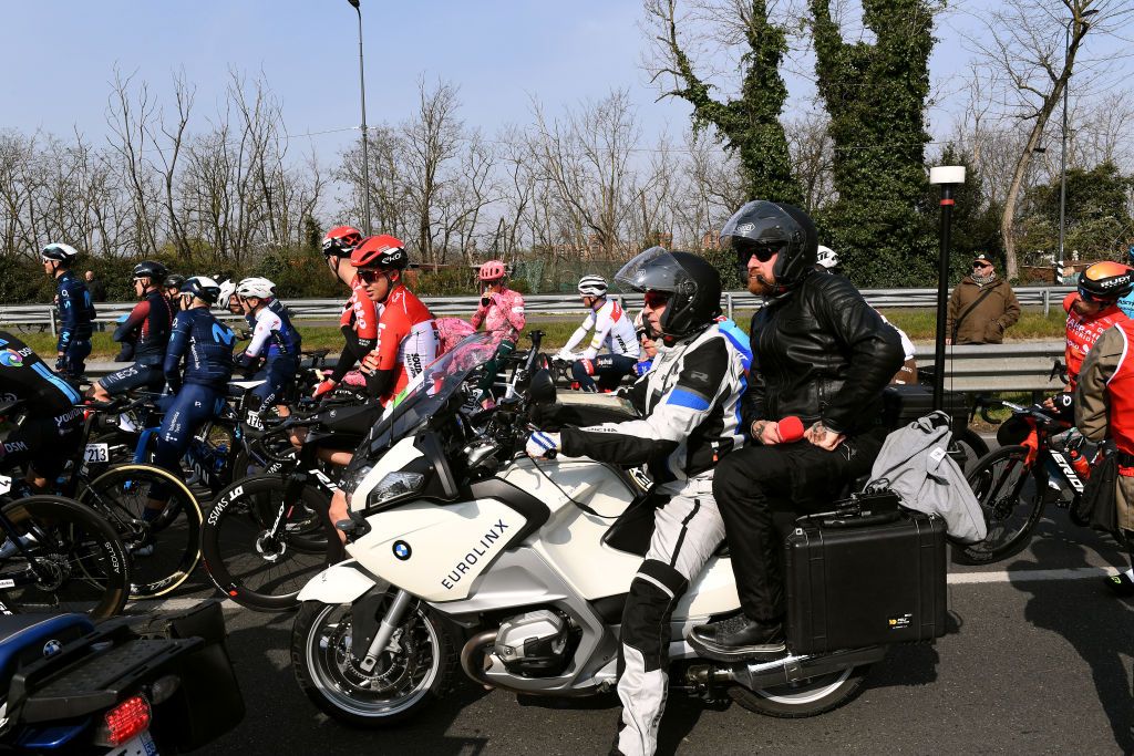 SANREMO ITALY MARCH 19 Sir Bradley Wiggins of United Kingdom ExProcyclist and TV commentator during the 113th MilanoSanremo 2022 a 293km one day race from Milano to Sanremo MilanoSanremo on March 19 2022 in Sanremo Italy Photo by Tim de WaeleGetty Images