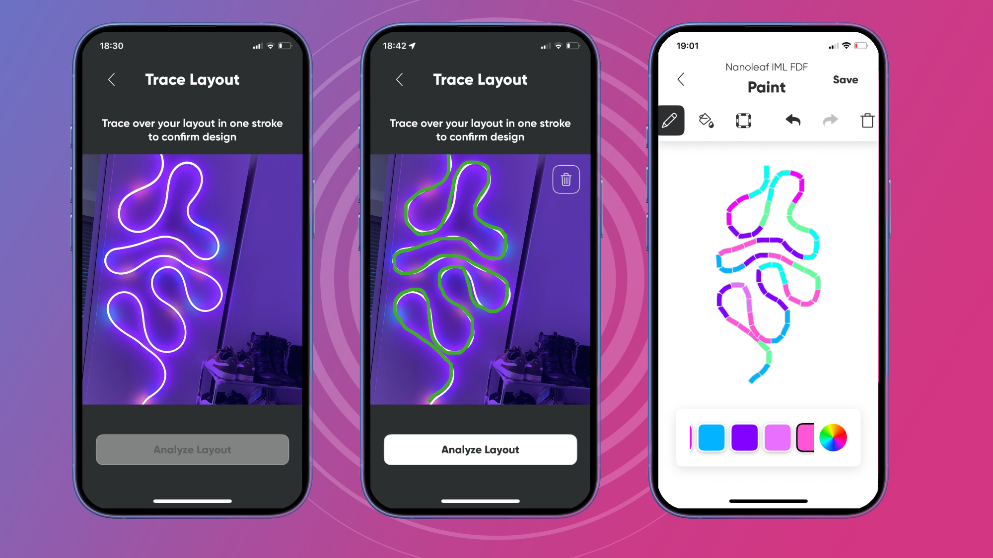 Three phone screens show screenshots of the trace layout feature, the tracing result, and the paint feature on the Nanoleaf app.