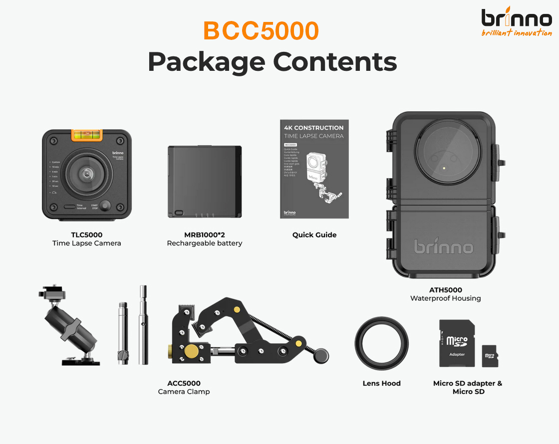 Brinno BCC5000 bundle featuring the TLC5000 4K timelapse camera, housing, Rechargeable Battery Pack MRB1000 and other parts.