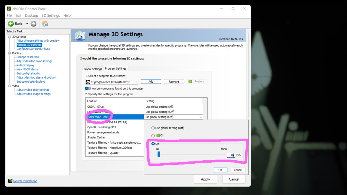 The Nvidia GeForce graphics settings menu.