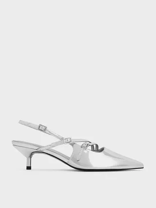 Metallic Buckle-Strap Kitten Heel Slingback Pumps