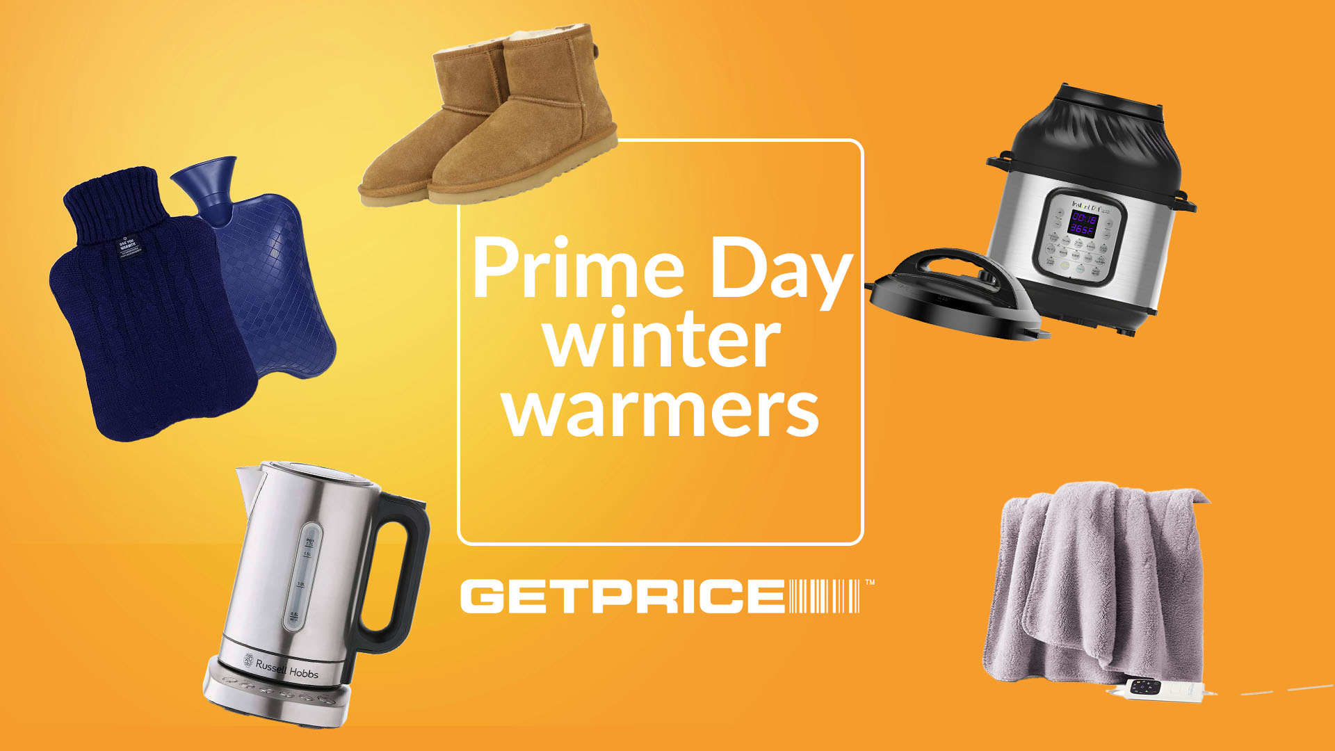 Yellow/ orange background with white writing in the middle that says Prime Day winter warmers and scattered images of items like UGG boots and kettles
