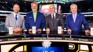 (From l.): NESN anchor and reporter Adam Pellerin, Wasabi Technologies CMO Mike Welts, NESN hockey analyst Billy Jaffe and NESN studio analyst Barry Pederson at the Oct. 10 opening of the Wasabi Studio at TD Garden.