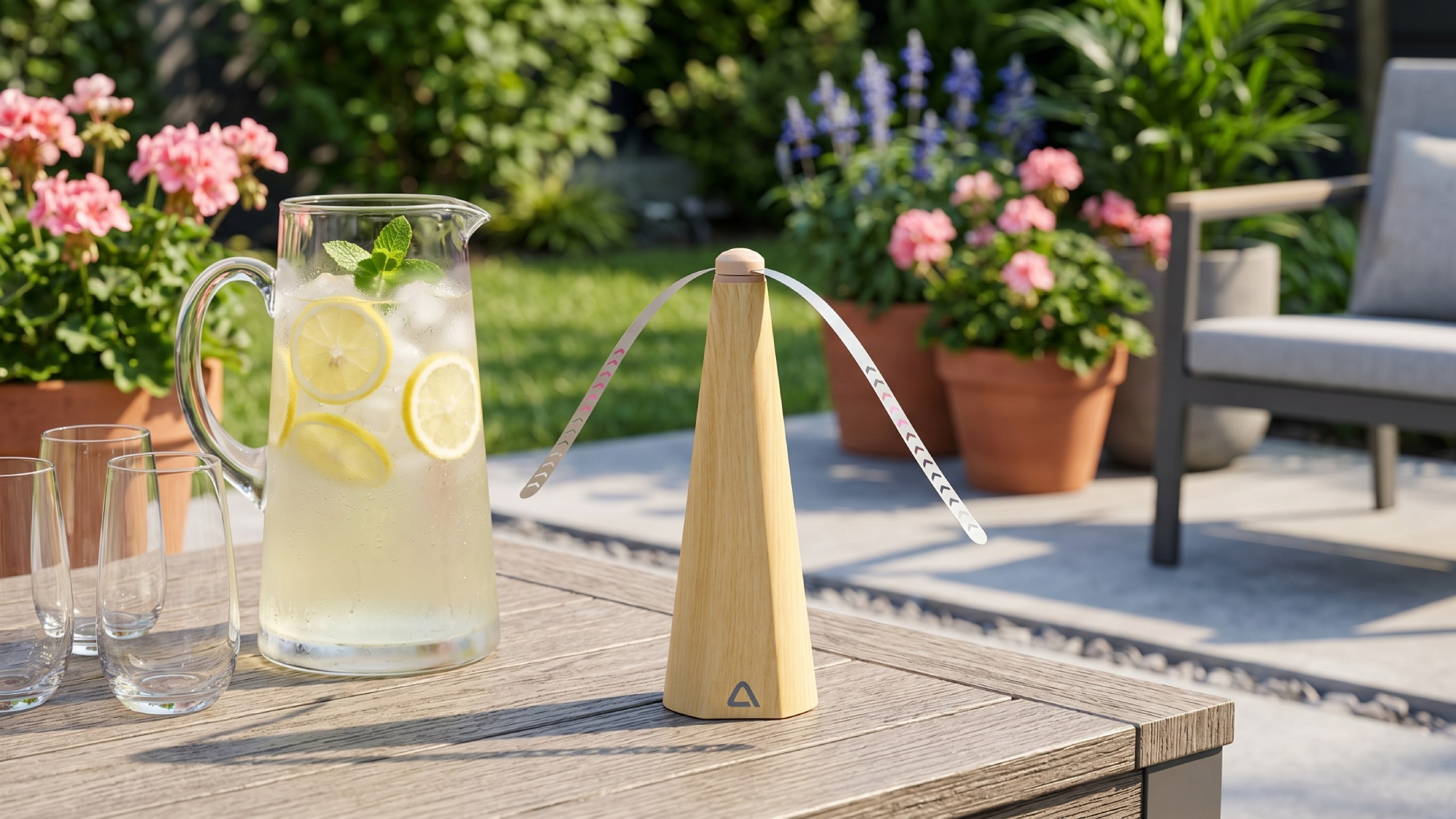 ALDI Ambiano Bug Repellant Fan on a garden table with a jug of lemonade
