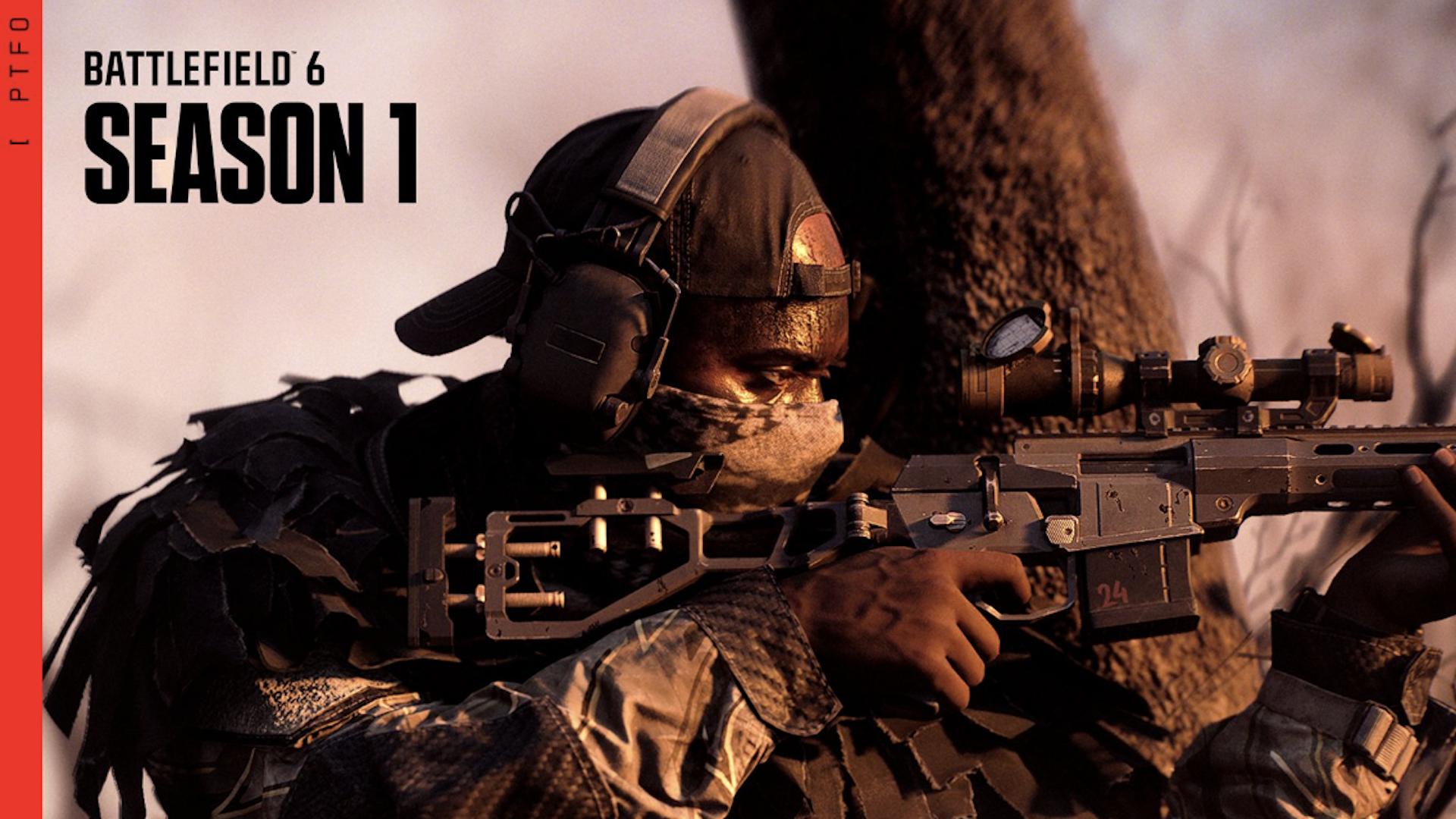 Battlefield 6 Season 1 keyart showing a soldier in side profile aiming a sniper rifle