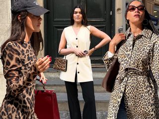 fashion collage of three style influencers including Valeria @sobalera, Anna Newton, and Léna Farouil wearing outfits with leopard-print pieces and color trends