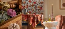 Anthropologie Thanksgiving collection, pumpkins, decorated table, candle on side table