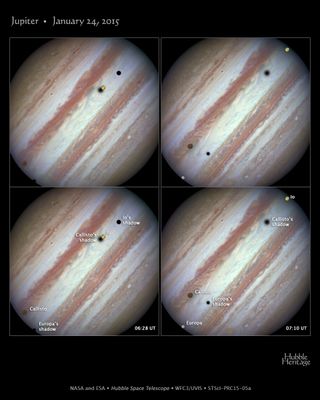 NASA's Hubble Space Telescope captured the rare sight of three of Jupiter's largest moons, Europa, Callisto, and Io, crossing the face of the gas-giant planet on Jan. 24, 2015.