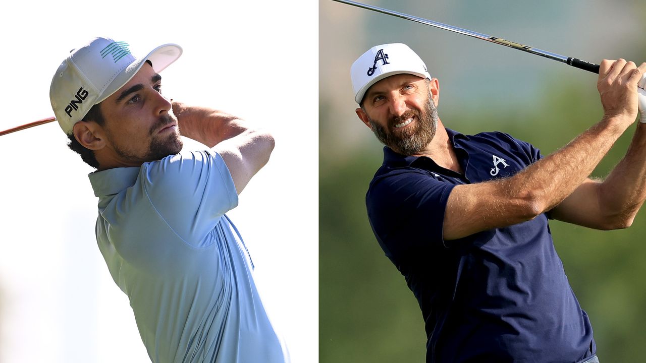 Joaquin Niemann and Dustin Johnson hold their finish on golf shots