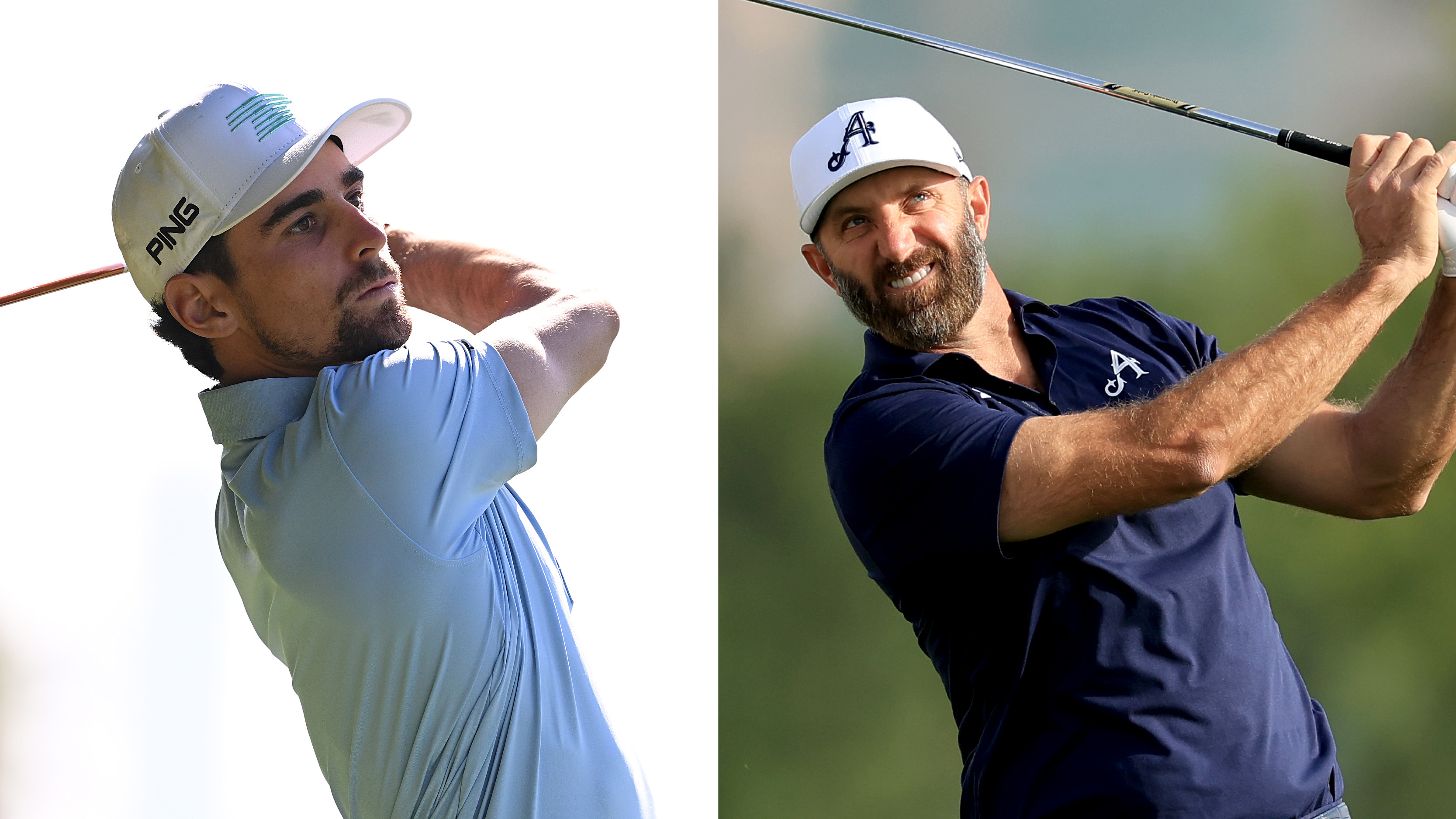 Joaquin Niemann and Dustin Johnson hold their finish on golf shots