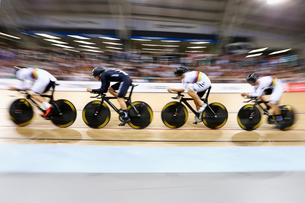Cameron Karwowski, Pieter Bulling, Alex Frame and Regan Gough of New Zealand compete in the Mens Team Pursuit Final
