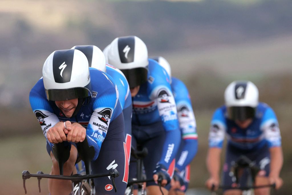 Soudal Quick&acirc;Step's team competes during the 3rd stage of the Paris-Nice cycling race, 26,9 km team time trial between Auxerre and Auxerre, on March 5, 2024. (Photo by Thomas SAMSON / AFP)