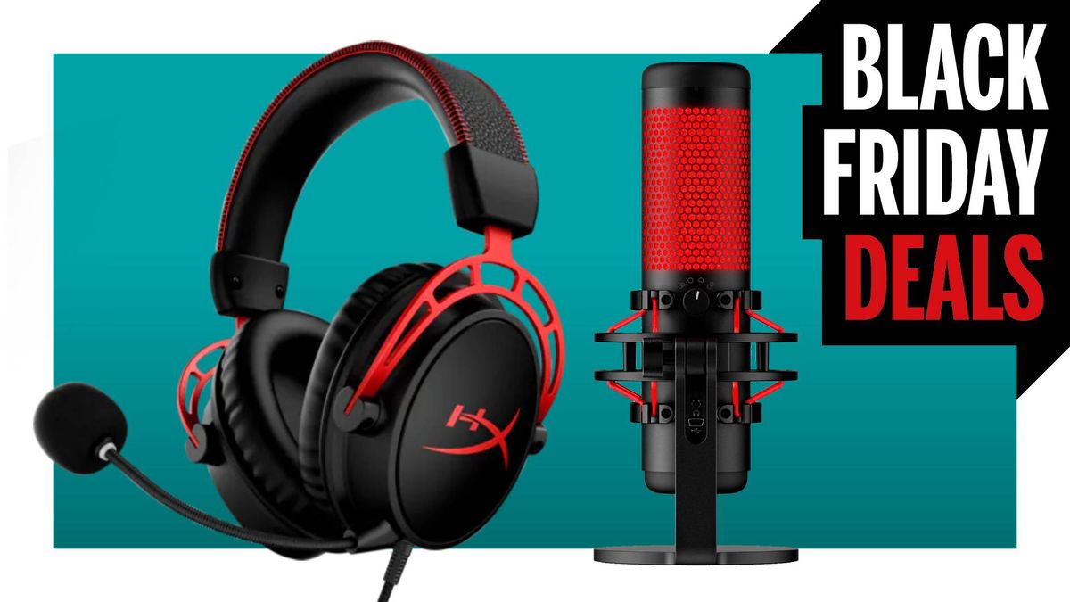 A HyperX gaming headset and Quadcast microphone on a Black Friday deals background