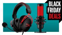 A HyperX gaming headset and Quadcast microphone on a Black Friday deals background