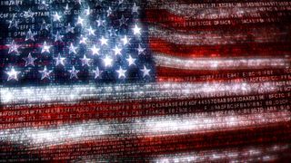 The USA in the digital world of binary and hex code. Concept 3D Illustration of Stars and Stripes banner in computer code