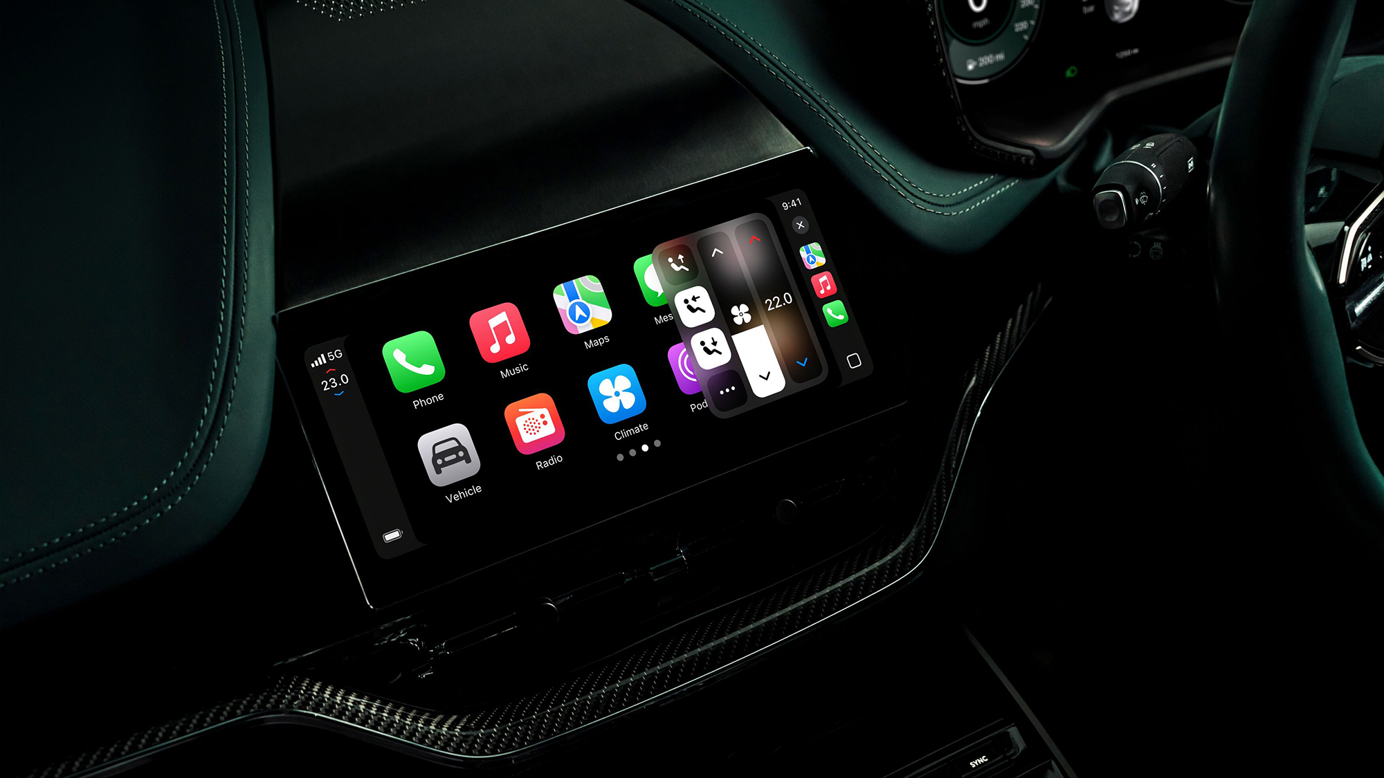 The interior of an Aston Martin car showing Apple CarPlay Ultra