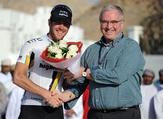 Matthew Goss (HTC-Highroad) with UCI president Pat McQuaid after stage two of the Tour of Oman.