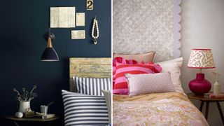 compilation image of two bedrooms showing how to make a bedroom cosy with lighting