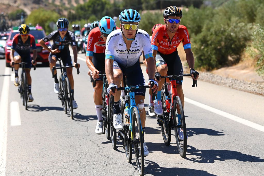 SIERRA DE LA PANDERA SPAIN SEPTEMBER 03 LR Alexey Lutsenko of Kazahkstan and Team Astana Qazaqstan and Luis Leon Sanchez Gil of Spain and Team Bahrain Victorious compete in the breakaway during the 77th Tour of Spain 2022 Stage 14 a 1603km stage from Montoro to Sierra de La Pandera 1815m LaVuelta22 WorldTour on September 03 2022 in Sierra de La Pandera Spain Photo by Tim de WaeleGetty Images