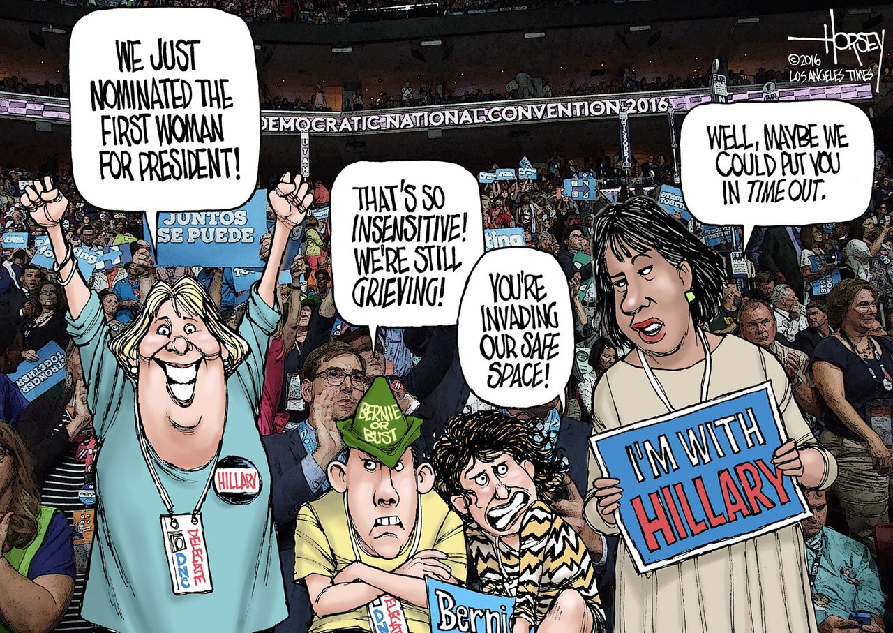 Political cartoon U.S. Sensitive Bernie supporters at convention