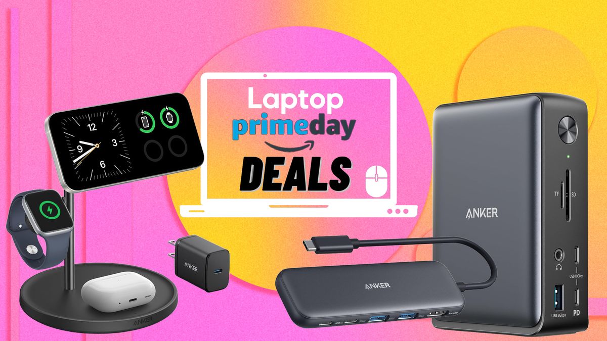 Three Anker charging and docking stations in front of a pink and yellow background with the Laptop Prime Day icon