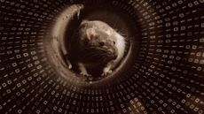 Photo collage of a rat in a tunnel, going through a network of binary code
