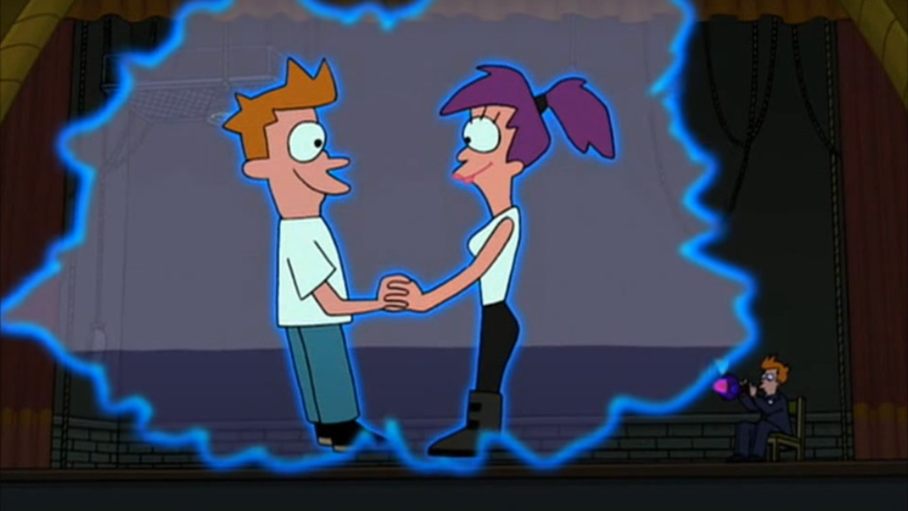 Fry toca el Holophonor para evocar una imagen de él y Leela en The Devil's Hands Are Idle Playthings de Futurama.