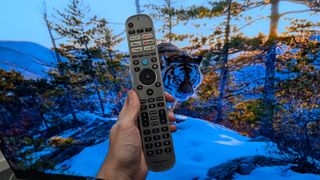 Panasonic Z95A 65-inch MLA OLED TV with TV remote held in hand in front of forest scene on screen