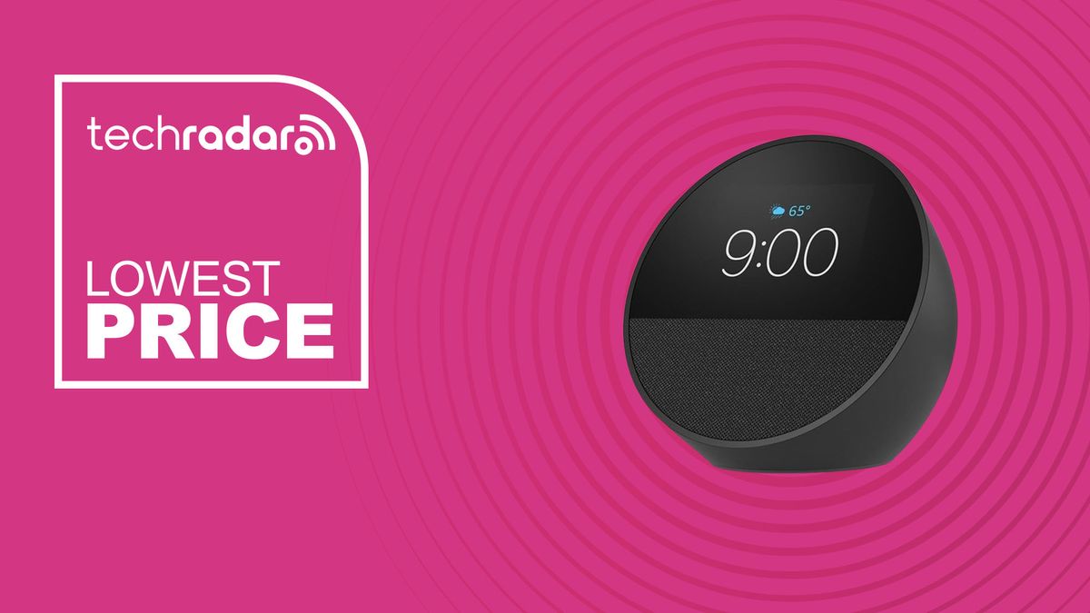 The Amazon Echo Spot on a pink background with text saying Lowest Price.