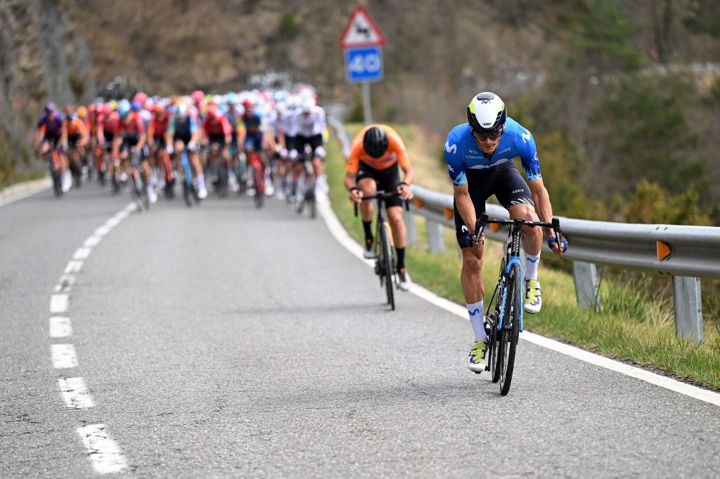 PORT AINE SPAIN MARCH 20 Javier Romo of Spain and Movistar Team attacks during the 103rd Volta Ciclista a Catalunya 2024 Stage 3 a 1767km stage from Sant Joan de les Abadesses to Port Aine 1967m UCIWT on March 20 2024 in Port Aine Spain Photo by David RamosGetty Images