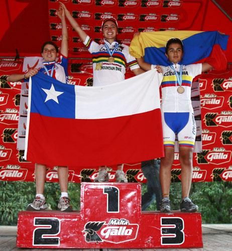 Junior women's cross country podium (l-r): Florencia Espi&ntilde;eira, Laura Munizagua and Yessica Legarda.