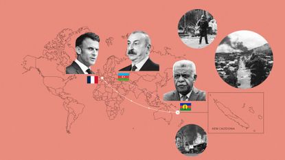 Infographic style illustration of a world map linking France, Azerbaijan and New Caledonia, with Emmanuel Macron, Louis Mapou and Ilham Aliyev
