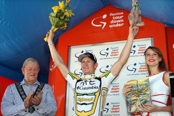 Andr&eacute; Greipel (HTC-Columbia) on the podium after winning the opening stage of the 2010 Tour Down Under