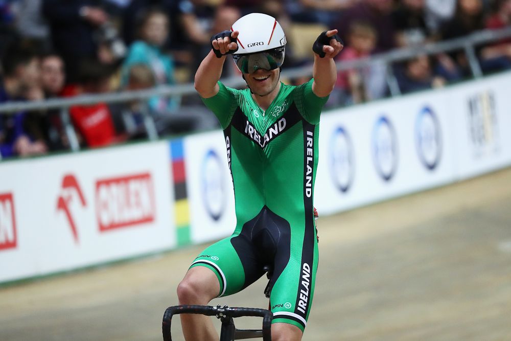 Mark Downey of Ireland celebrates winning the bronze medal in the Men's Points Race Final