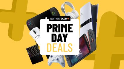 PS5, Nintendo Switch, Xbox, and PC gaming gadgets on a yellow background with Prime Day deals badge