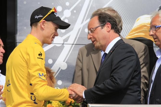 Tour de France leader Chris Froome (Sky) with French president Fran&ccedil;ois Hollande