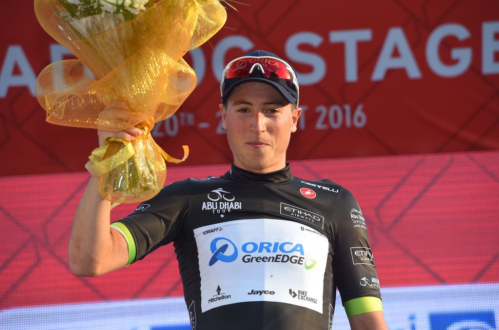 The race organisers had the old Orica-GreenEdge decals for Jens Keukeleire (Orica-BikeExchange)
