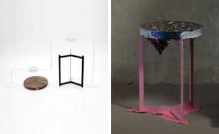 Two images: Left-Reframed Plateau table, Right: Metal table, coloured with melting effects of the metal