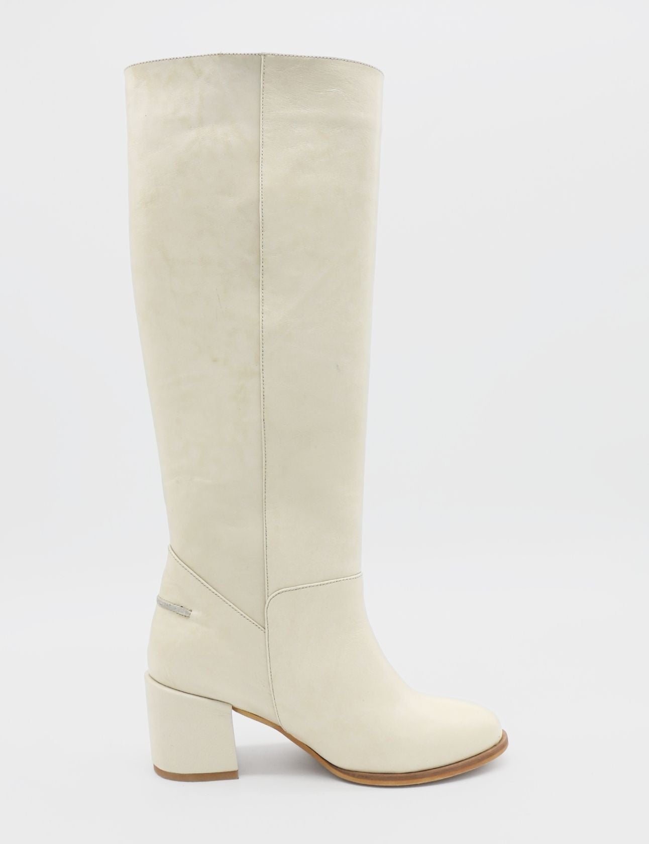Cleo Knee-High Block Heel Boots in Off-White Leather Women&#039;s Shoes