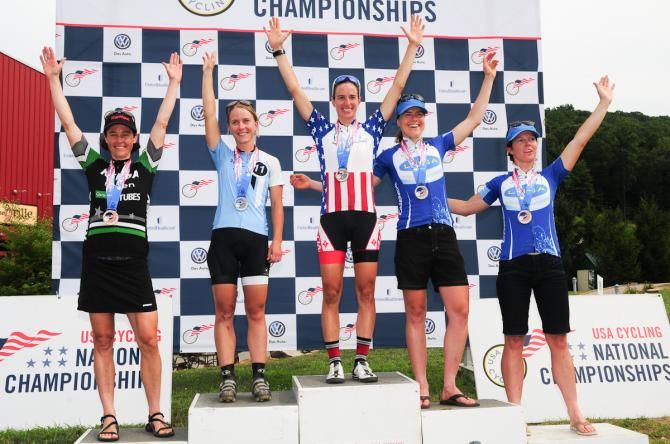 Women's US short track nationals podium (L to R): Mary McConneloug (Kenda/Stan's) 4th, Chloe Woodruff (Crankbrothers) 2nd, Georgia Gould (Luna) 3rd, Teal Stetson-Lee 5th